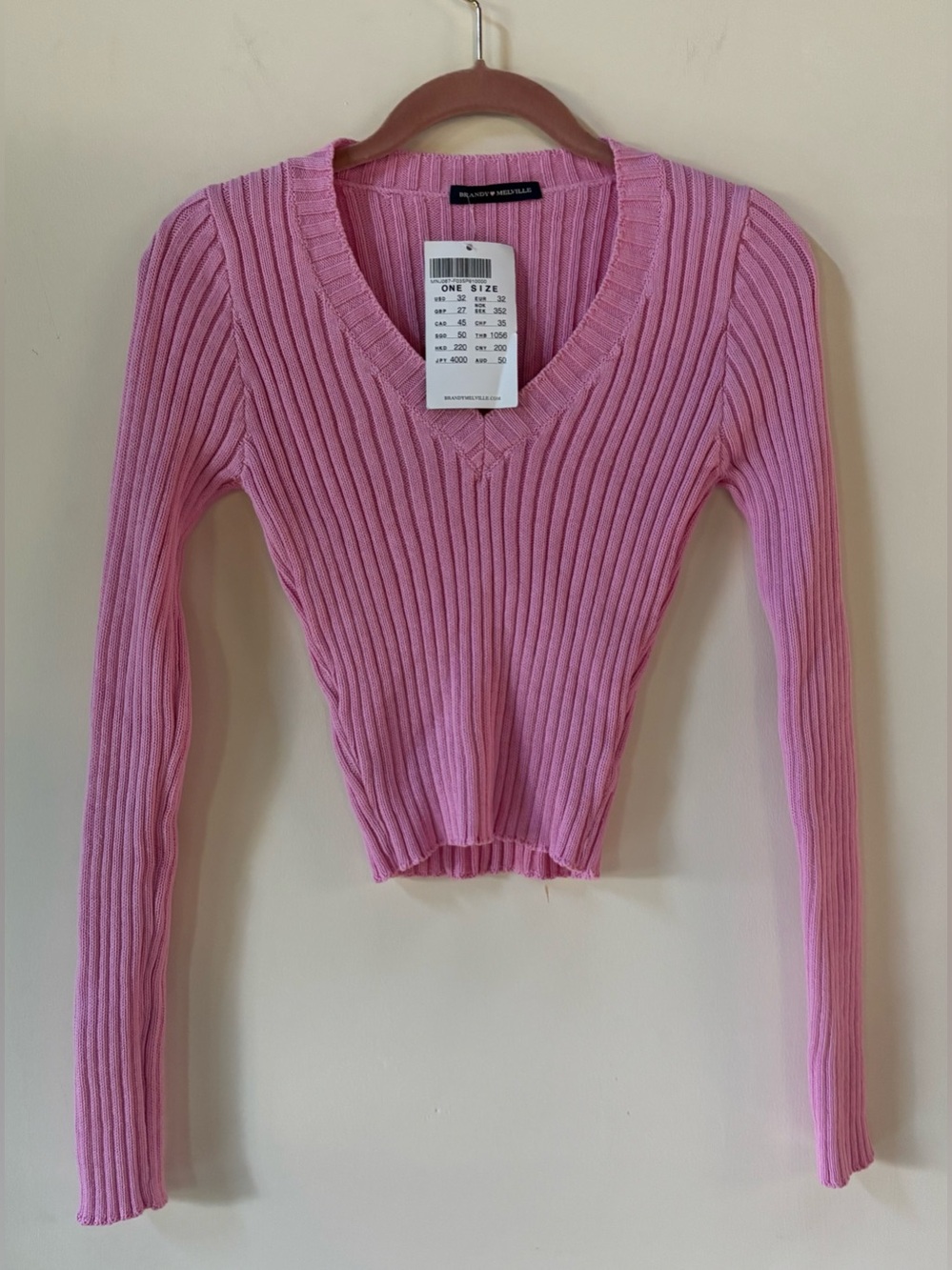 Brandy Melville Ribbed V-Neck Pink Sweater